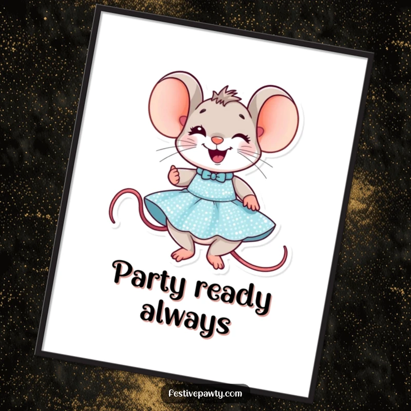 Funny Mouse Party Poster: A delighted mouse character beams with joy while modeling a glittering sequined party dress.