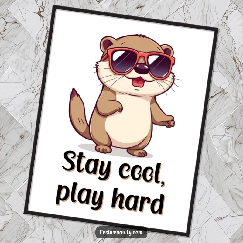 Funny poster print of a playful otter in cool sunglasses, doing a fun shimmy, bringing a vibe of relaxed coolness.