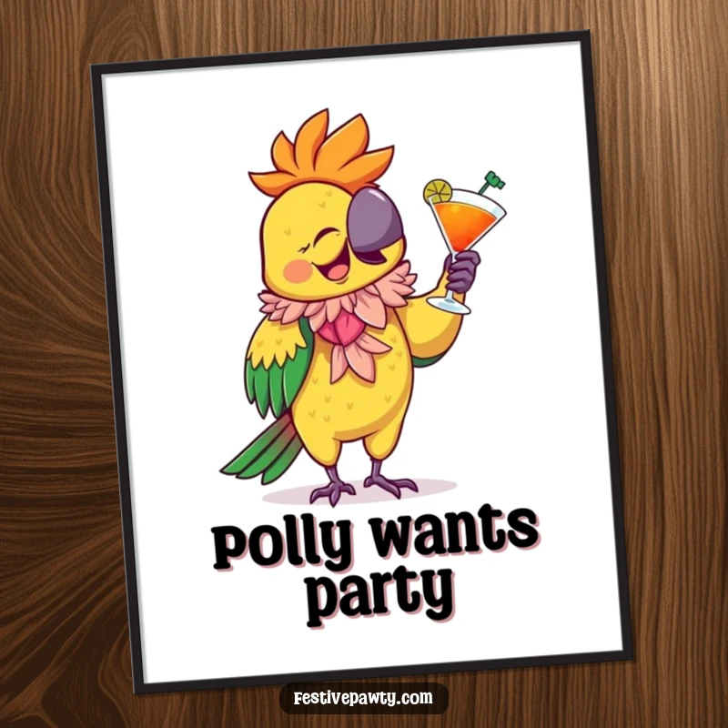 Funny Poster of a giggling parrot wearing a feathered boa, dancing with a cocktail, radiating vibrant party energy and tropical fun.