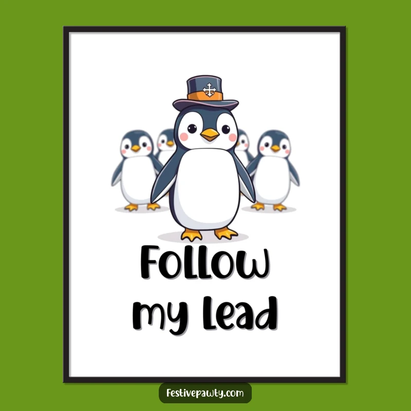 Funny Penguin Conga Line Poster: A Dapper Bird Leads a Hilarious Celebration, Perfect Gift!