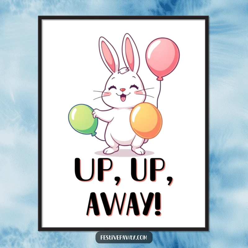 Funny poster showcasing a playful rabbit skillfully juggling three brightly colored balloons, creating a whimsical and captivating display.