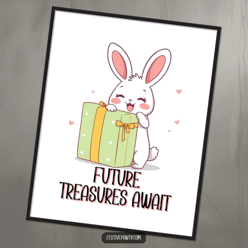 Funny Poster: A jubilant rabbit character eagerly unwrapping a huge present, full of anticipation and glee.