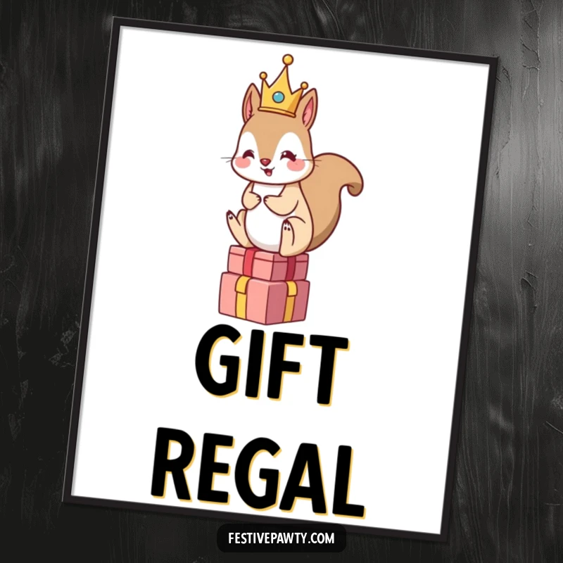 Funny Squirrel King Poster: A crowned squirrel is perched atop a stack of gifts, bringing regal humor and festive vibes to your wall.