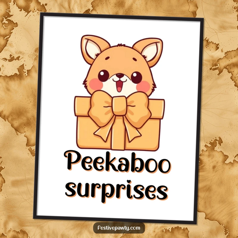 Funny animal character poster print, peeking with wide-eyed surprise from behind a huge gift bow, ideal for festive decor.