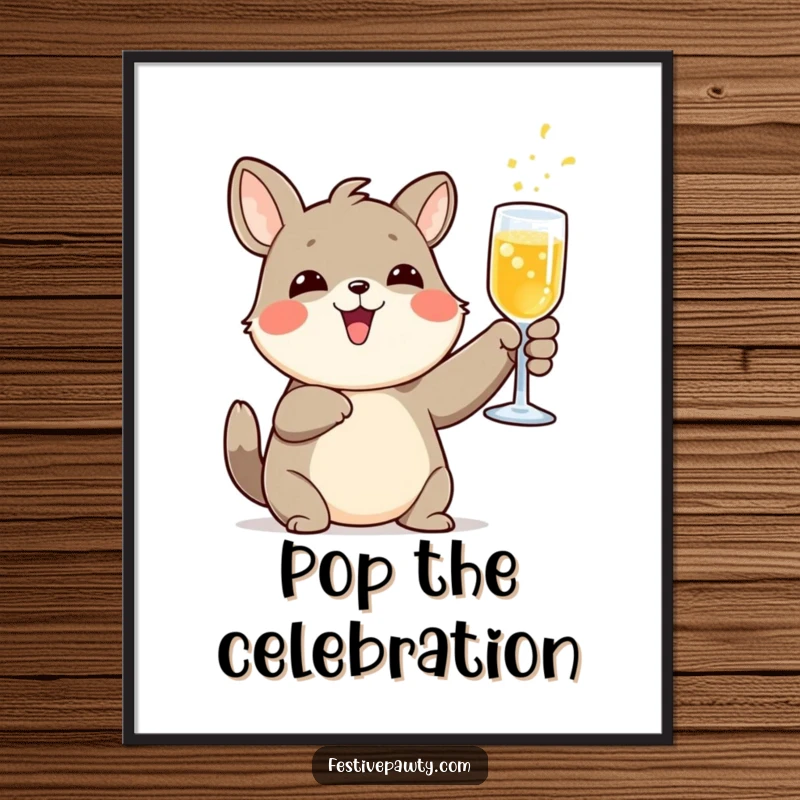 Funny animal character poster print, gleefully raising a glass of fizzy drink in a toast, ideal for party decor.