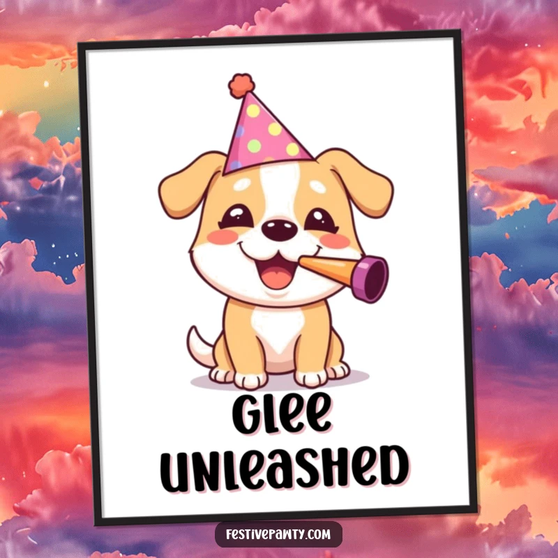 Funny, cheerful dog wearing a party hat and blowing a noisemaker, featured on a poster for humorous wall art.