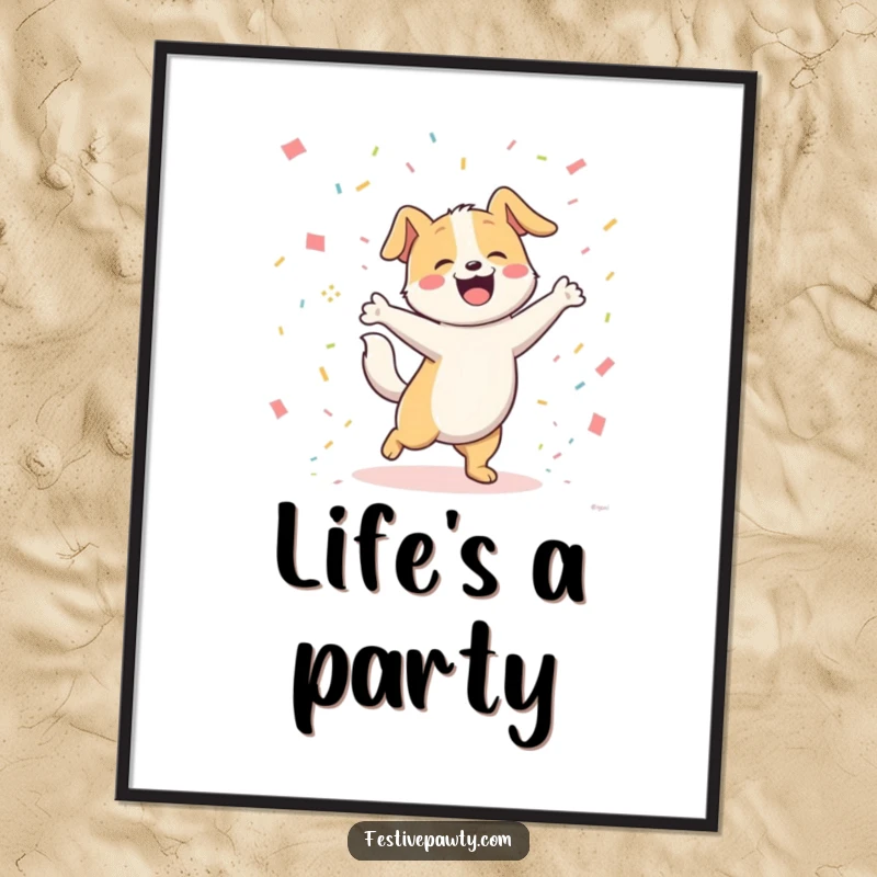 Funny joyful dog character happily dancing with its tail wagging furiously amongst colorful confetti, presented as vibrant wall art. A funny and festive piece.