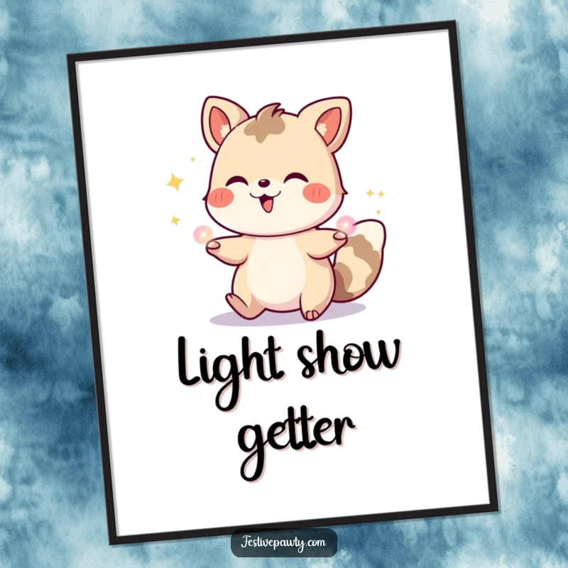 Funny poster art of a happy cartoon animal skillfully juggling luminous party lights, evoking a sense of playful celebration and joy.