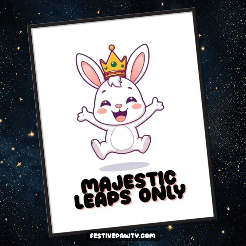 Funny poster showcasing a bunny character in a crown, joyfully leaping with boundless excitement, bringing regal cheer to any room.
