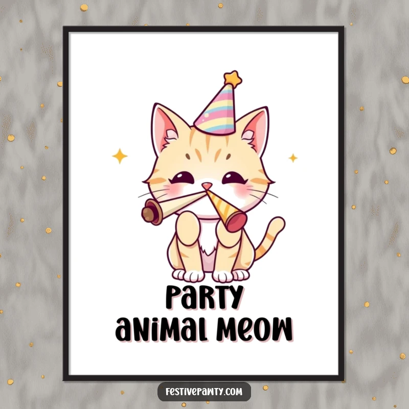 Funny cat poster art of a cute character in a party hat blowing a party horn with excitement, perfect for festive wall decor.