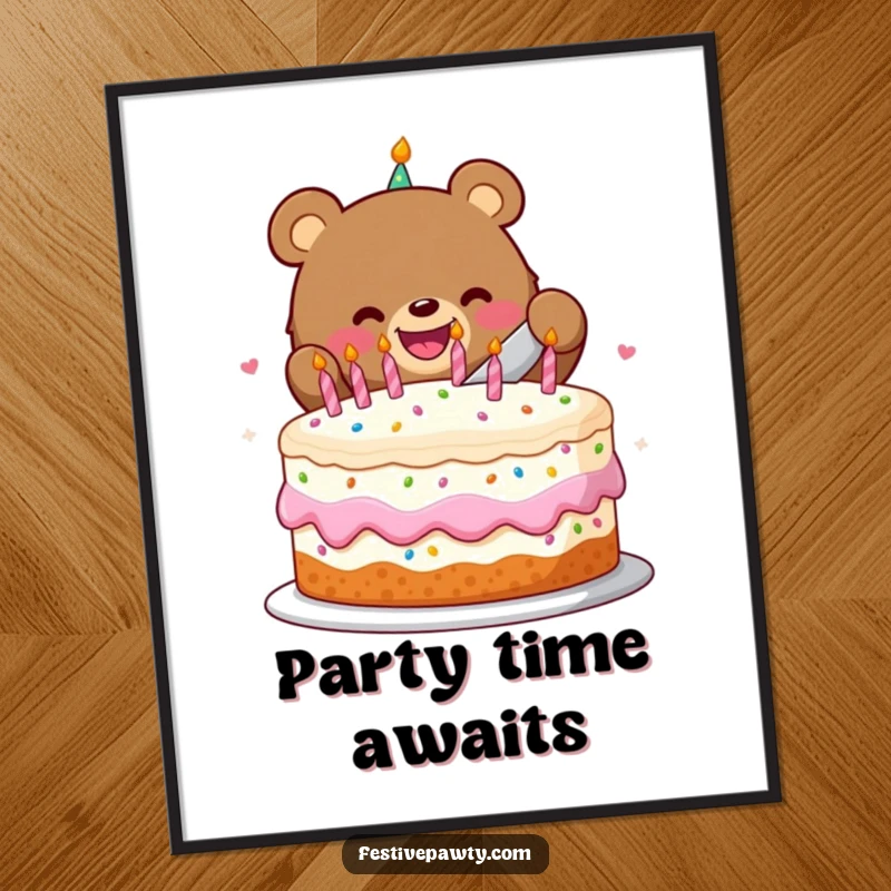 Funny poster of a beaming bear character cutting a huge, festive birthday cake, ideal for adding celebratory decor.