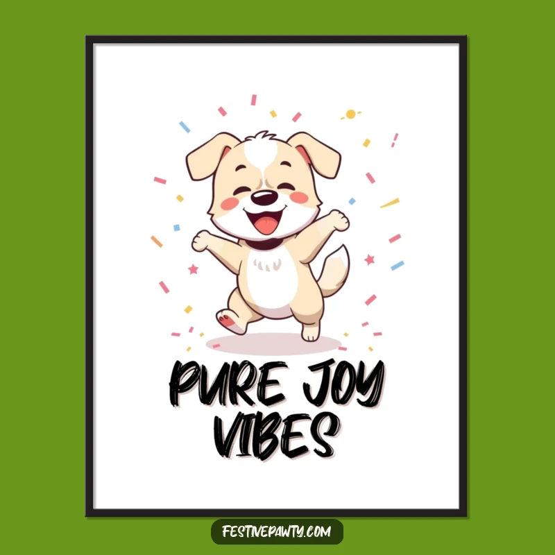 Funny Dog Joy Poster: Dancing Pet Artwork with Confetti & Wagging Tail