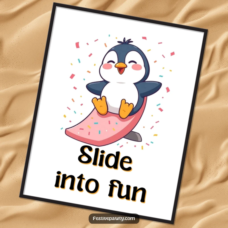 Funny Poster: A lively illustration of a giggling penguin character joyfully sliding down a colorful, confetti-strewn slide, bringing amusement.
