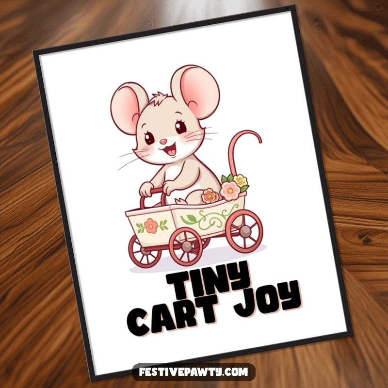 Funny Mouse Poster with a delighted mouse character riding in a tiny, decorated cart, creating a whimsical and joyful atmosphere.