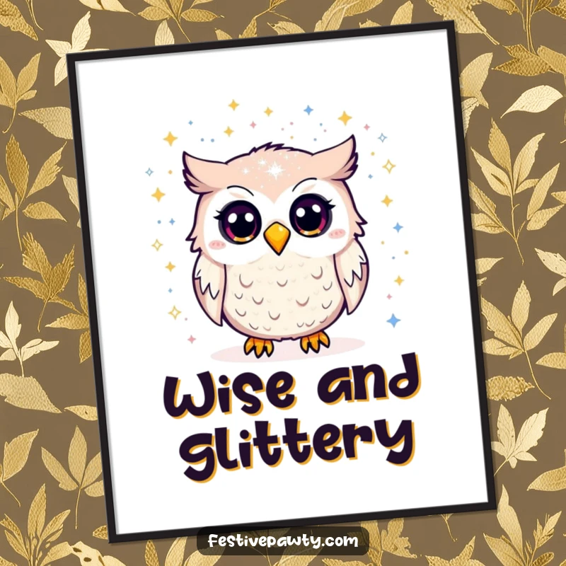 Funny Poster: An owl looks comically startled by an explosion of shimmering glitter, creating a vibrant and humorous wall art.