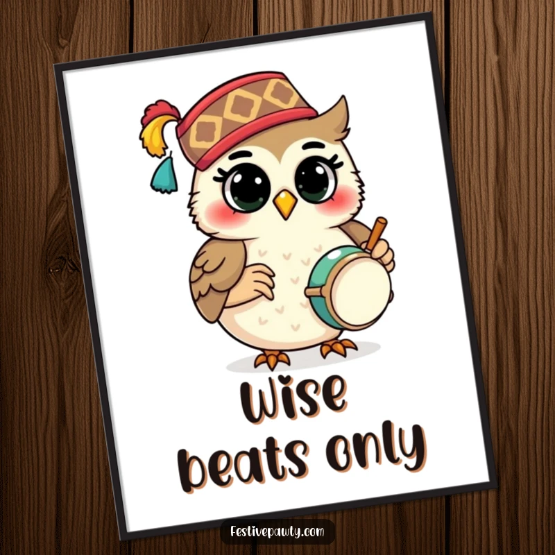 Funny Poster: A smiling owl character in a festive fez plays a tiny drum, creating a whimsical and musical wall art piece.