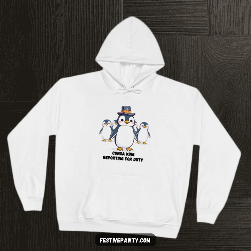 Funny Hoodie depicting a penguin in a top hat enthusiastically leading a conga line, embodying party spirit and fun.