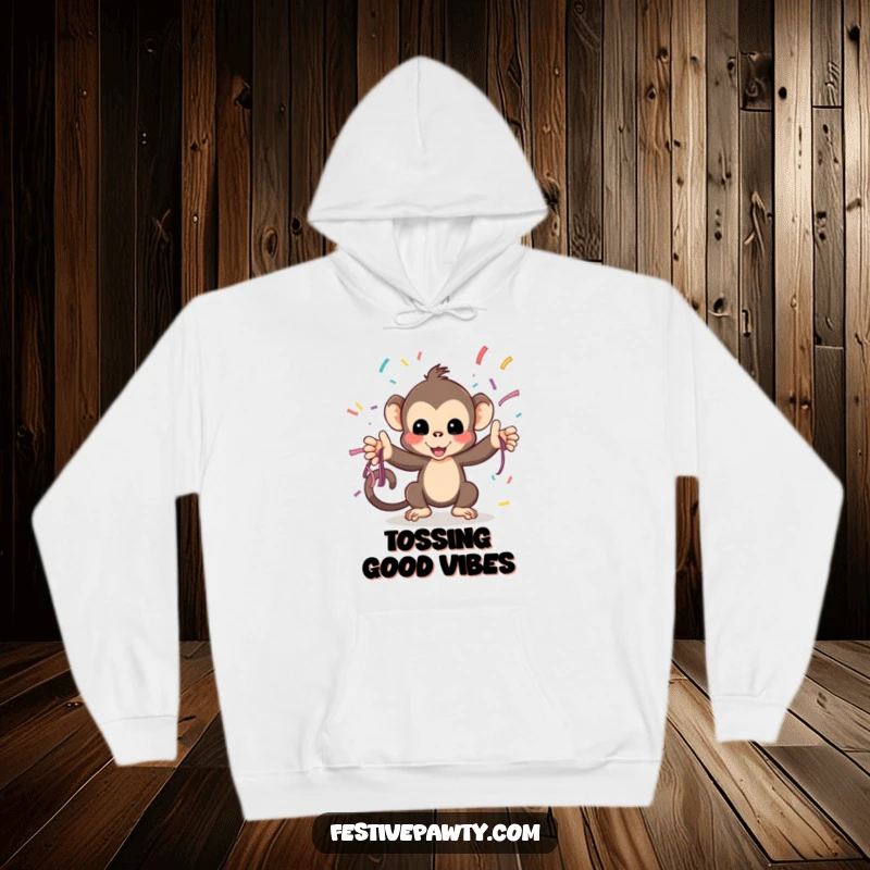 Funny Hoodie: A playful monkey tosses streamers, offering cozy comfort and a splash of humorous party delight.