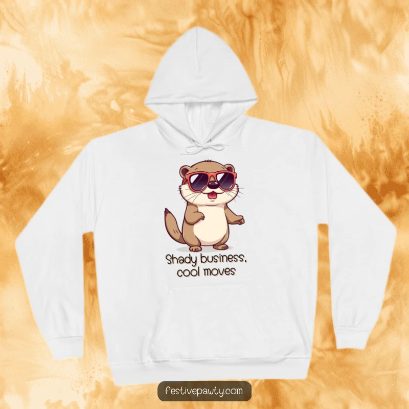 Funny hoodie depicting a playful otter in oversized sunglasses, performing a delightful shimmy, radiating coolness and humor.