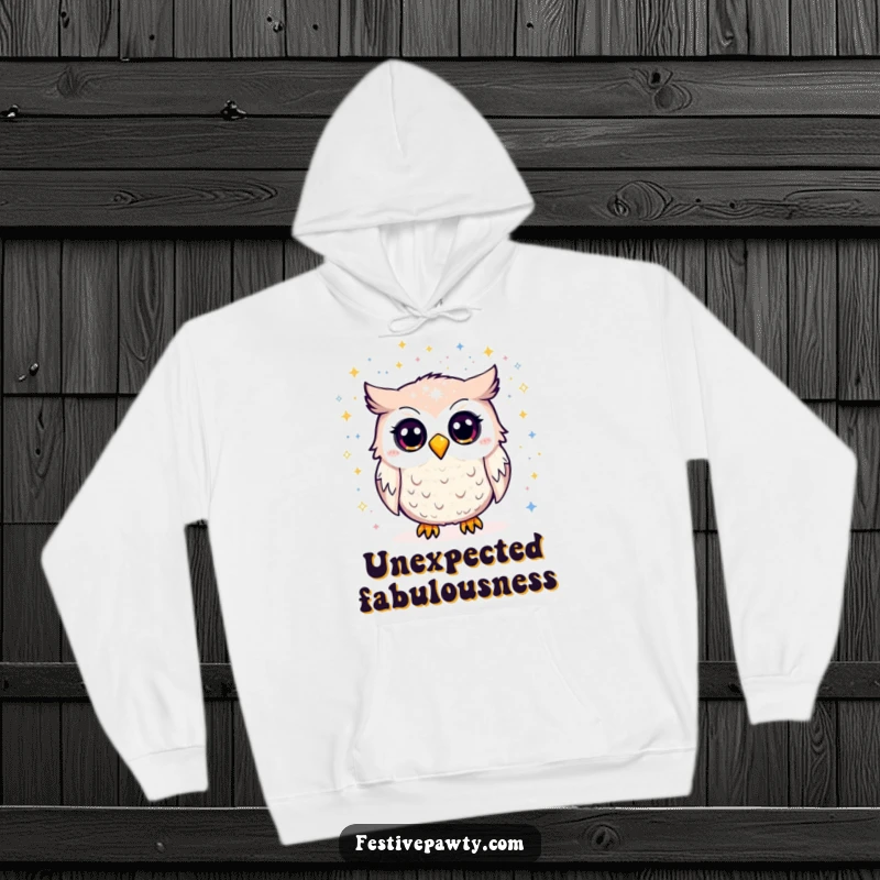 Funny Hoodie: A surprised owl is enveloped in shimmering glitter, offering snuggly warmth and a touch of hilarious, sparkly fun.