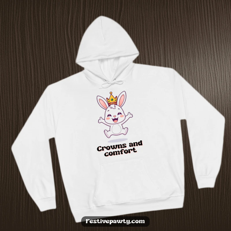 Funny hoodie showcasing a joyful bunny character in a tiny crown, leaping with excitement, providing warmth and regal comfort.