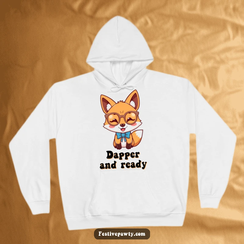 Funny joyful fox hoodie with a dapper fox wearing novelty glasses and a bow tie, perfect for cozy wear.