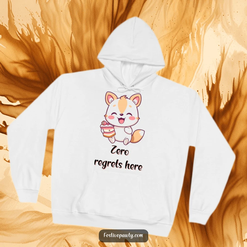 Funny enthusiastic animal hoodie, showing a joyful character devouring a large slice of cake with sheer delight.