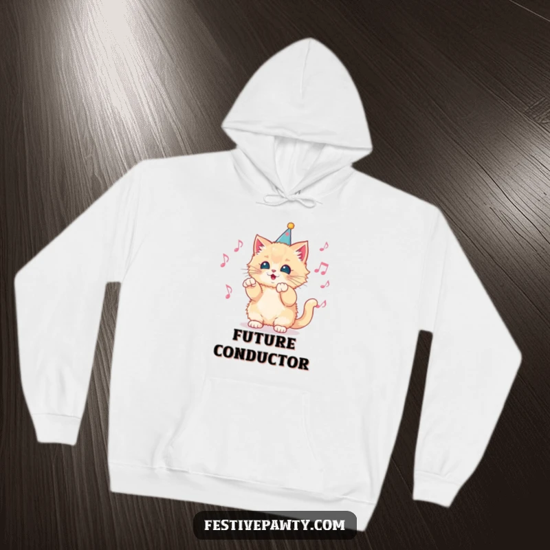 Funny Hoodie featuring a fluffy kitten in a party hat, passionately conducting an orchestra of joyful musical notes, perfect for cozying up.