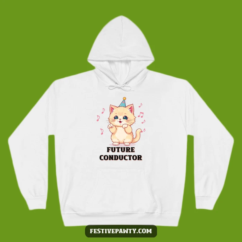 Funny Kitten Conductor Hoodie: Cozy Fluffy Cat Orchestrating Music, the Ultimate Funny Gift!