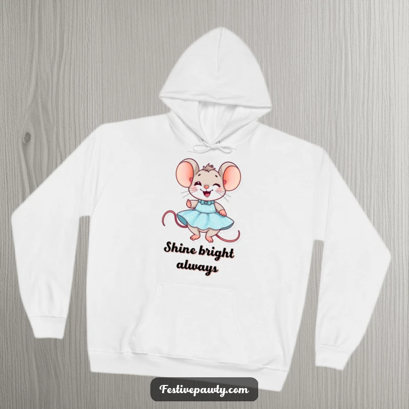 Funny Mouse Party Hoodie: A delighted mouse beams with joy as it tries on a fabulous, sequined party dress.
