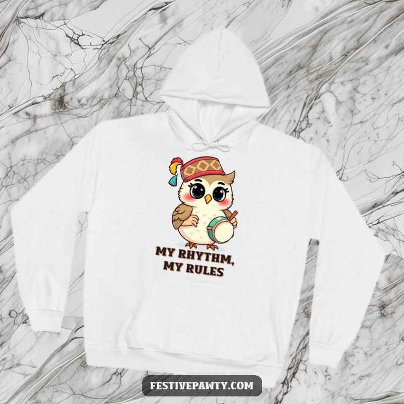 Funny Hoodie: A smiling owl character, sporting a festive fez, plays a tiny drum, exuding cozy musical cheer.