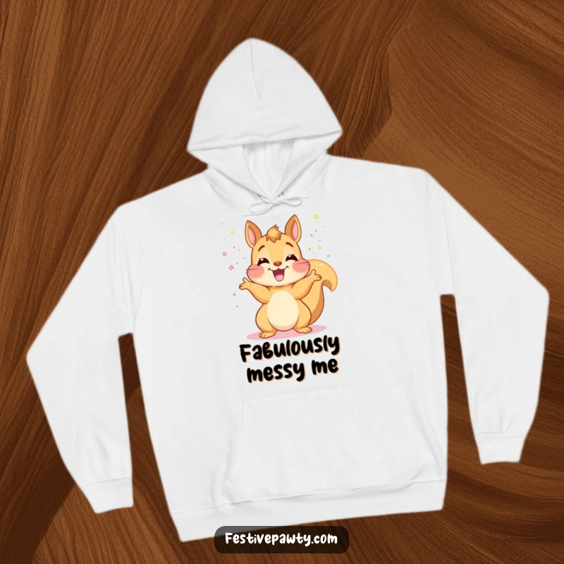 Funny Squirrel Hoodie: An ecstatic squirrel is depicted mid-glitter toss, radiating pure, unadulterated happiness in cozy comfort.