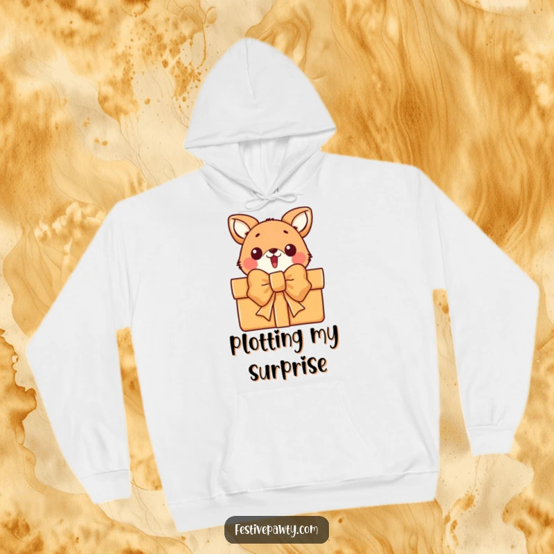 Funny animal character hoodie, peeking with surprise from behind a large gift bow, offering warmth and humor.