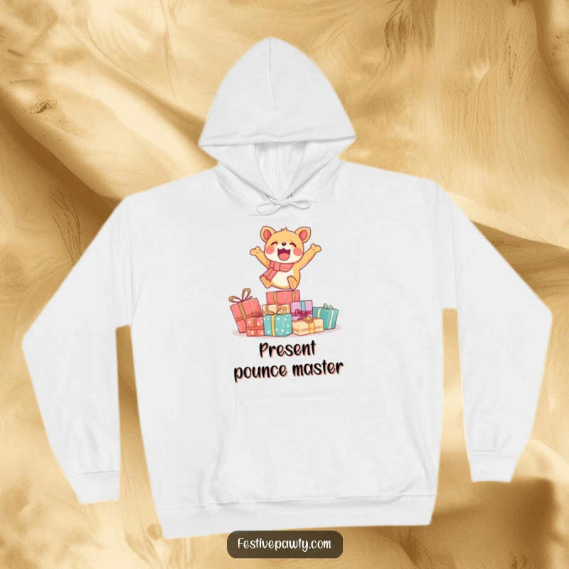 Funny hoodie showcasing an animated animal soaring over wrapped gifts, capturing the thrill of presents and festive occasions in a humorous design.