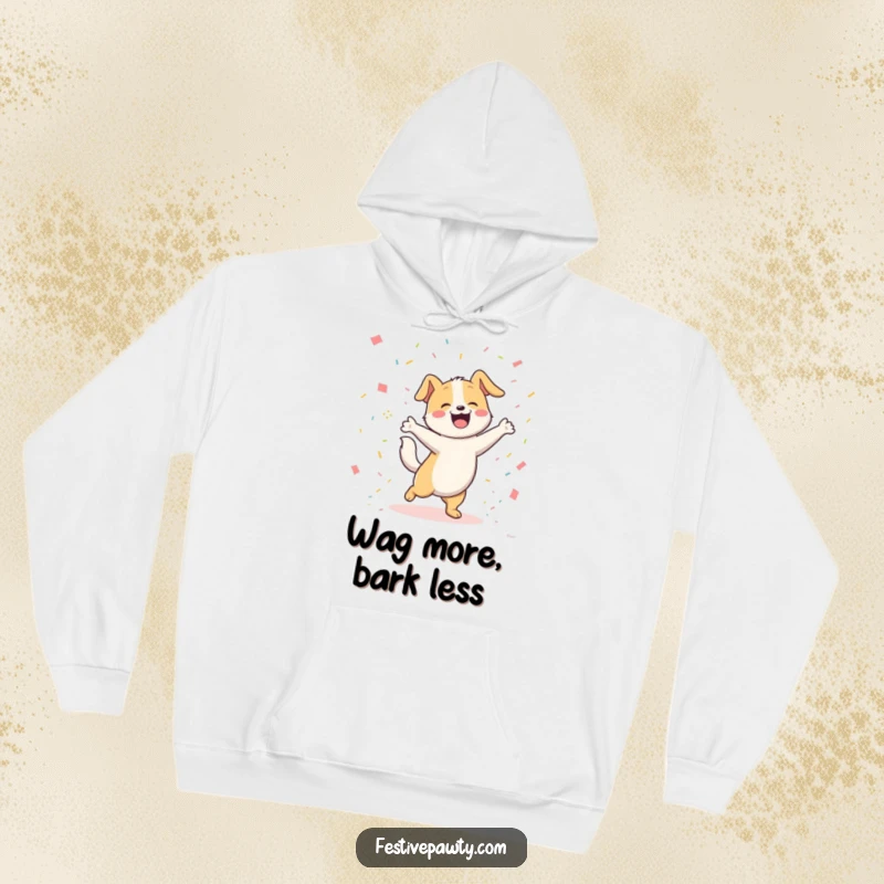 Funny joyful dog character happily dancing with its tail wagging furiously amongst colorful confetti, depicted on a warm and cozy hoodie. A humorous choice.