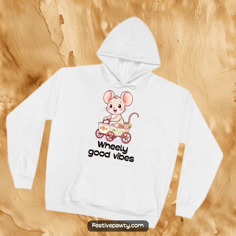Funny Mouse Hoodie with a delighted mouse riding in a tiny, decorated cart, offering warmth and a sense of joyful exploration.