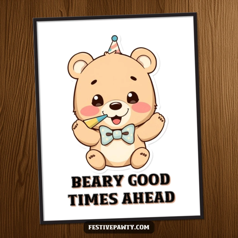 Funny Free Printable Wall Art: Cheerful bear cub wearing a bowtie enthusiastically blows a party horn, creating festive decor.