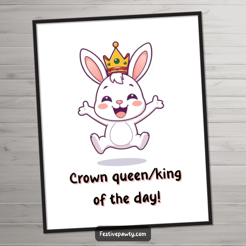 Funny Free Printable Wall Art: A joyful bunny with a tiny crown, leaping exuberantly, adding whimsical decor to any room.
