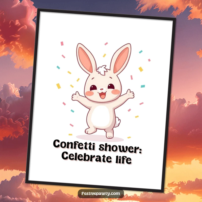 Funny Free Printable Bunny Wall Art, a joyful bunny character dancing with confetti raining down, bringing festive energy.