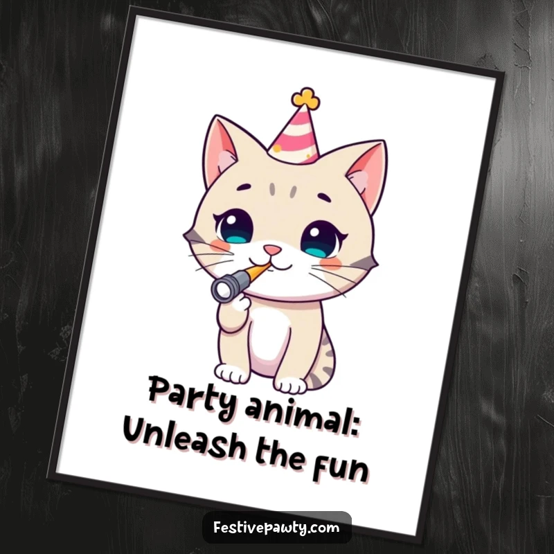 Funny Free Printable Cat Wall Art, a cheerful cat wearing a party hat and blowing a noisemaker, adding festive energy.