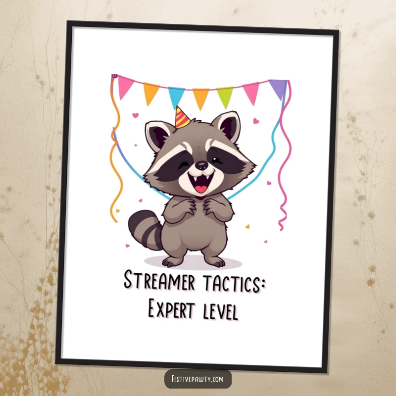 Funny Free Printable Wall Art of a raccoon comically attempting to balance party streamers, great for a quirky, humorous vibe.