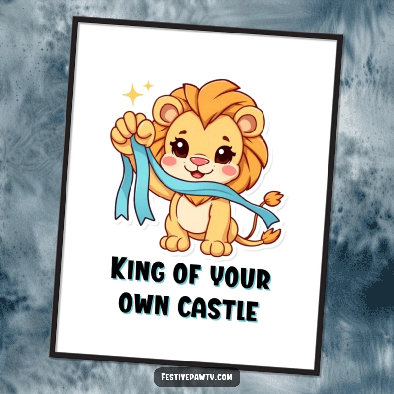 Funny Free Printable Wall Art: A triumphant lion character raises a paw proudly holding a sparkling ribbon.