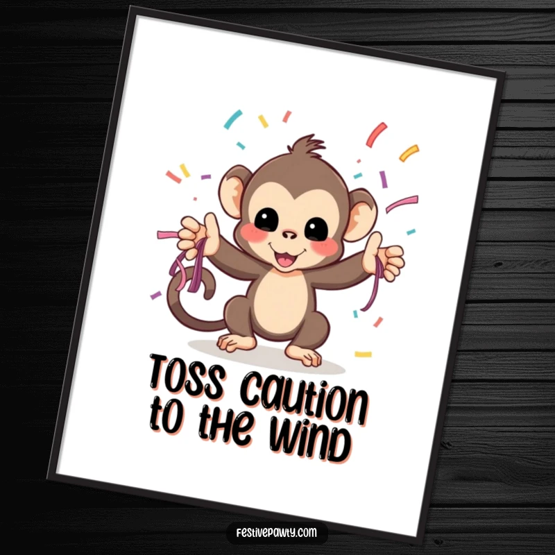 Funny Free Printable Wall Art: A lively monkey gleefully tosses streamers, bringing a festive and humorous vibe.