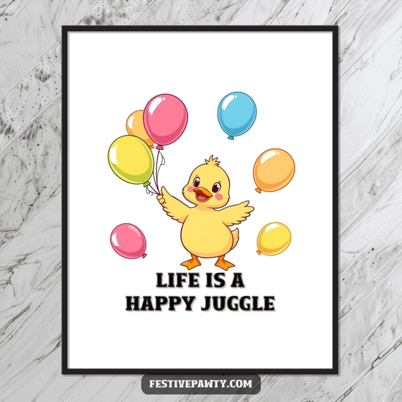 Funny Free Printable wall art of a cheerful duck juggling a lively mix of brightly colored balloons with gusto.