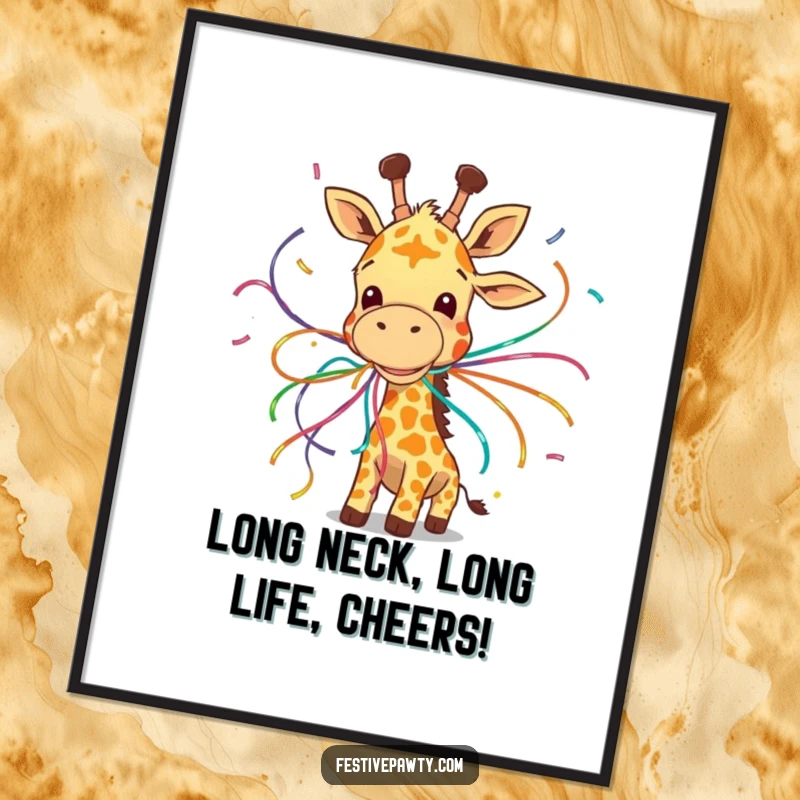 Funny Free Printable Wall Art: A giggling giraffe comically entangled in colorful streamers, a playful downloadable decor.