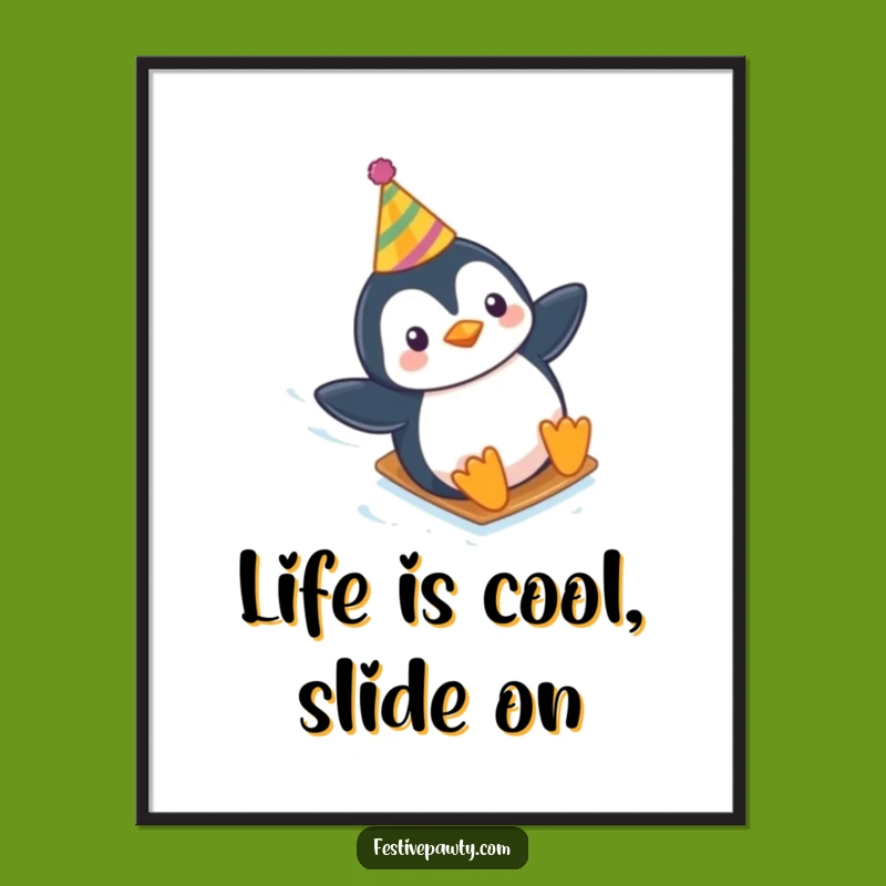 Funny Free Printable Wall Art: Sliding Penguin Party, Humorous Downloadable Decor