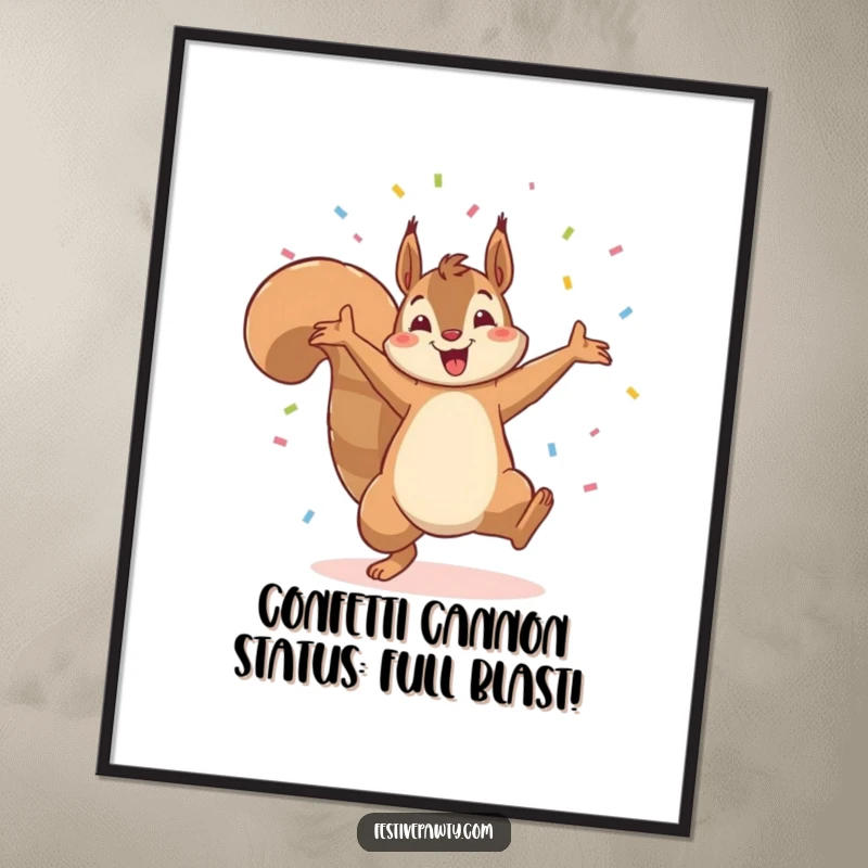 Funny Free Printable Wall Art: A squirrel mid-cartwheel with confetti, radiating pure triumph and joy.