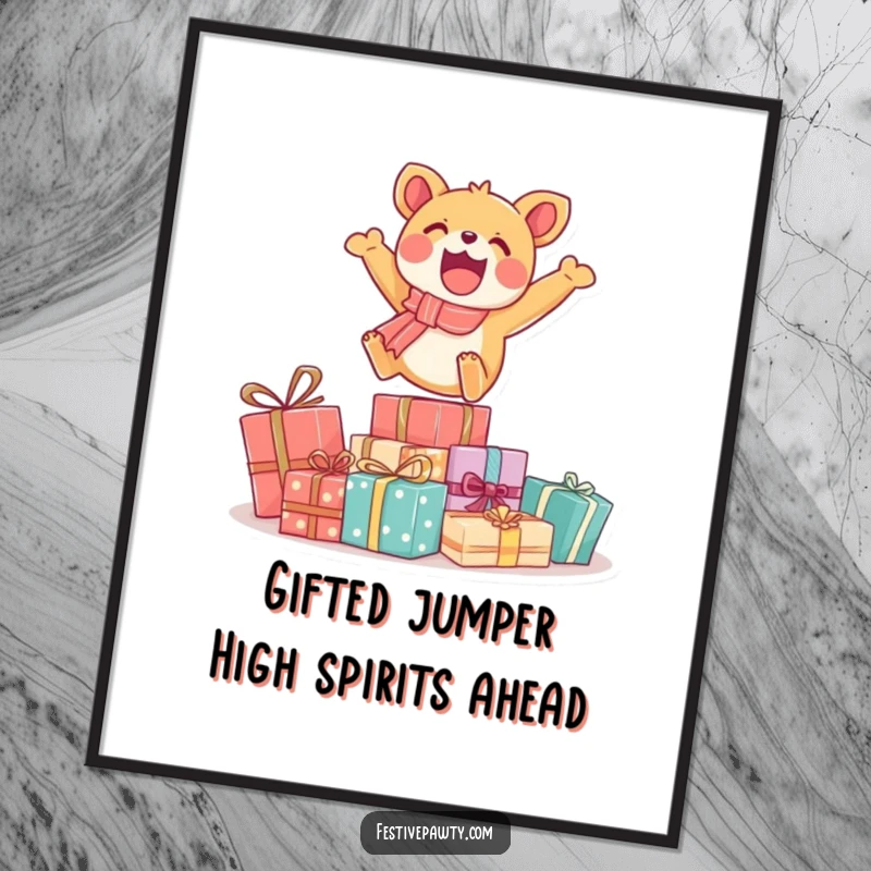 Funny Free Printable Wall Art: An excited animal character in mid-air, joyfully leaping over a large stack of colorful wrapped gifts.