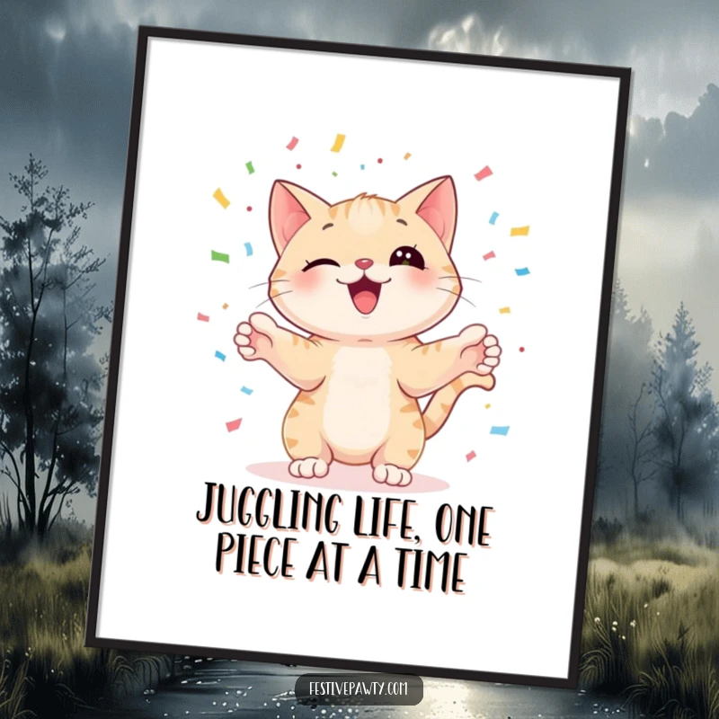 Funny Free Printable Wall Art: Playful cat expertly juggling colorful confetti with its paws, adding vibrant energy, a downloadable gift.
