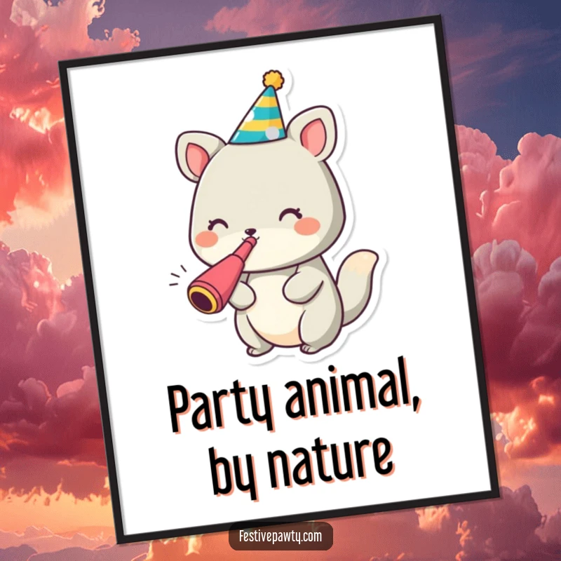 Funny Free Printable Animal Art: A cute animal in a party hat, joyfully blowing a noisemaker.